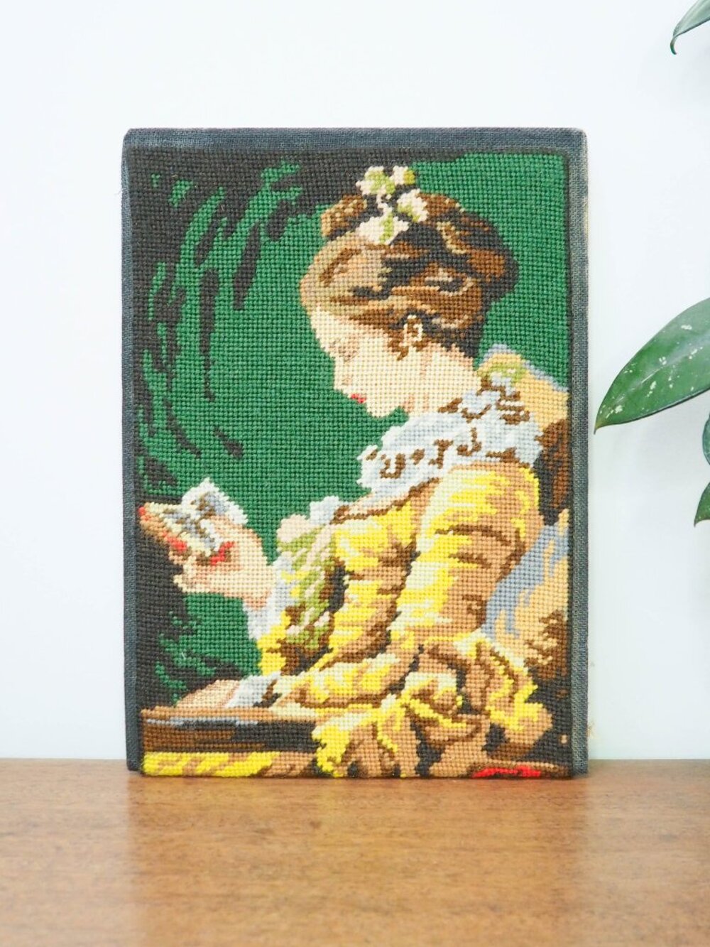 Vtg Finished Needlepoint Lady Portrait - 12.5" x 8" Girl in Yellow Dress 928.13